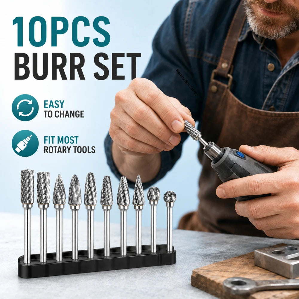 10Pcs High Hardness Carbide Burr Bits 3mm Shank Double Cut Rotary Tool Accessories For Dremel Metal Grinding Engraving Qme