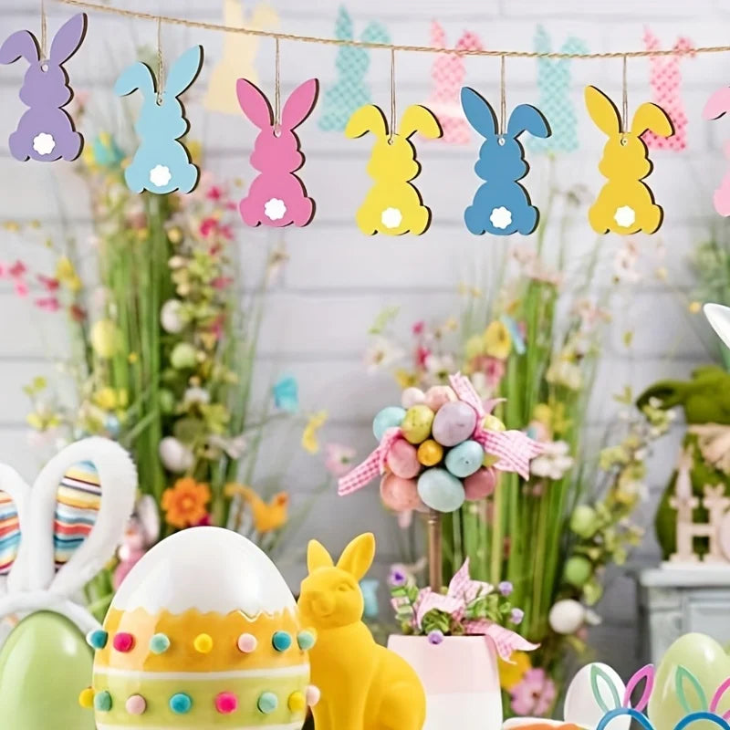 12Pcs colorful Easter bunny-shaped wooden pendants Christmas decorations, suitable for holiday decorations for themed party acti Qme