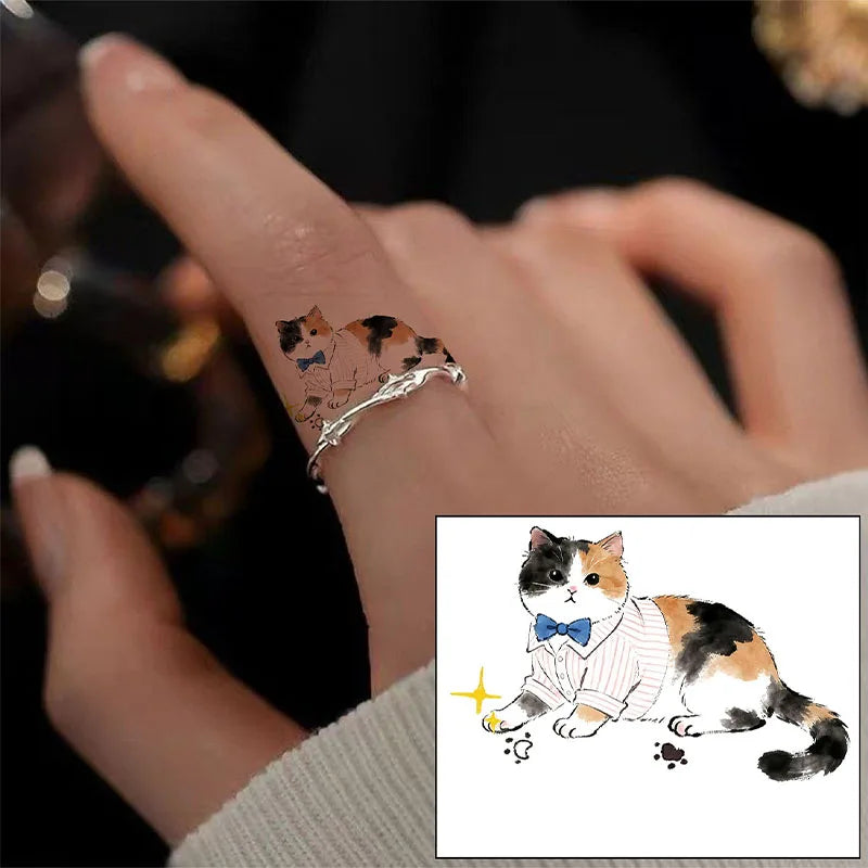 Meow Ring Finger Tattoo Stickers - Waterproof, Long-lasting, Cute Cartoon Cat Temporary Stickers - Realistic Tattoos Qme