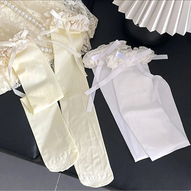 Women Lace Black White Ruffle Long Socks Girls Sweet Stockings JK Qme