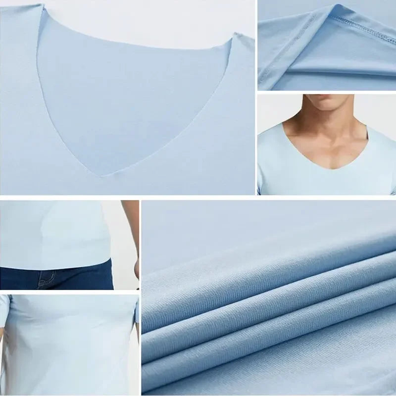 Men's Ice Silk Thin Cool Feeling V-Neck Large Size Men T-Shirt Short Sleeve Loose T-Shirt Solid Color for Male Tops Tees Qme