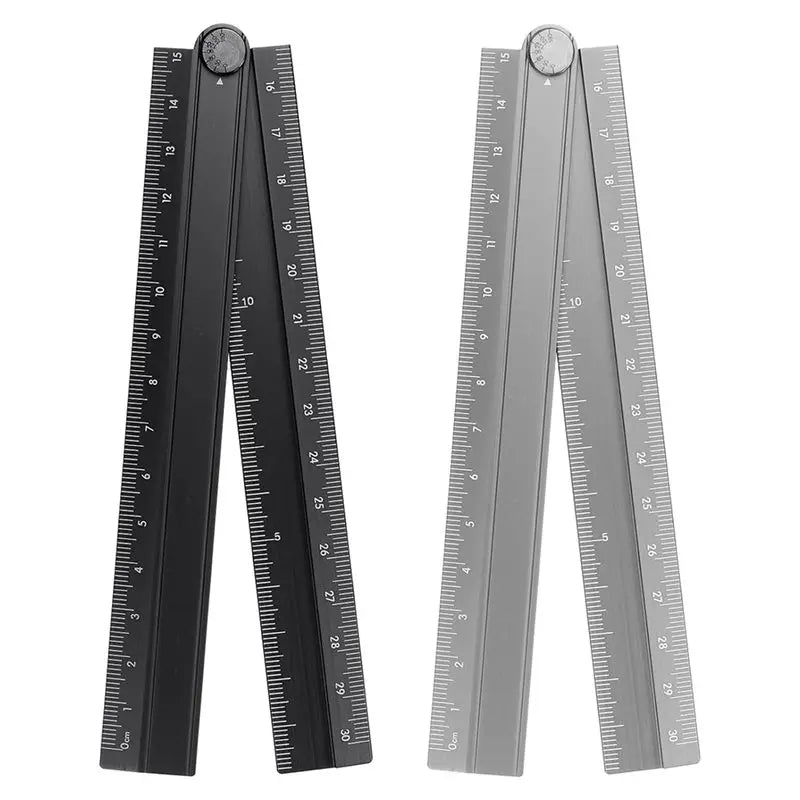 A02F-Aluminum Alloy 2Pcs 30Cm Folding Straight Ruler, Metric Protractor For Office And Art Qme Black Gray
