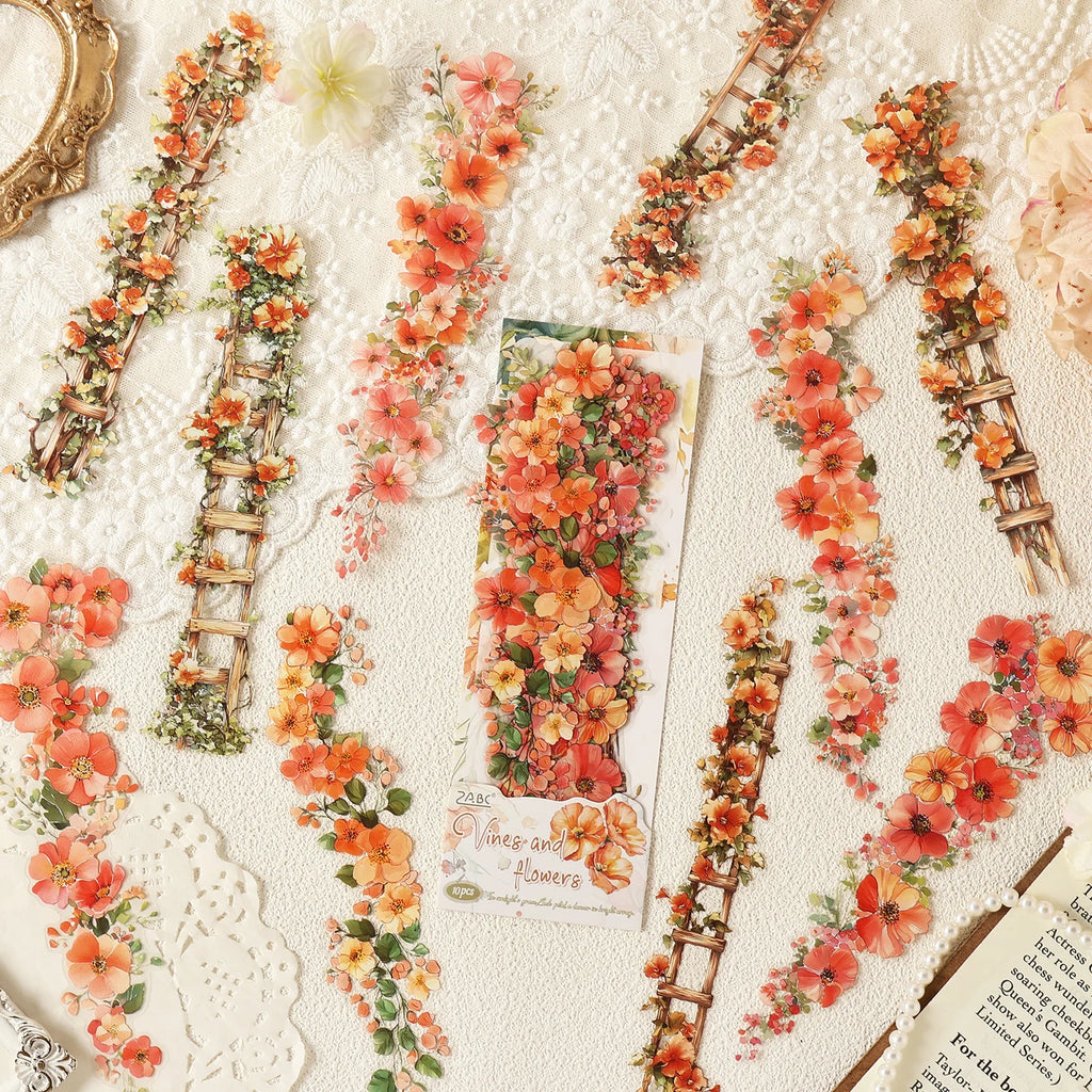 10 Pcs Vintage Rose Plant PET Sticker Pack for Junk Journal Scrapbooking Aesthetic Diary Deco School Account Stationery Stickers Qme