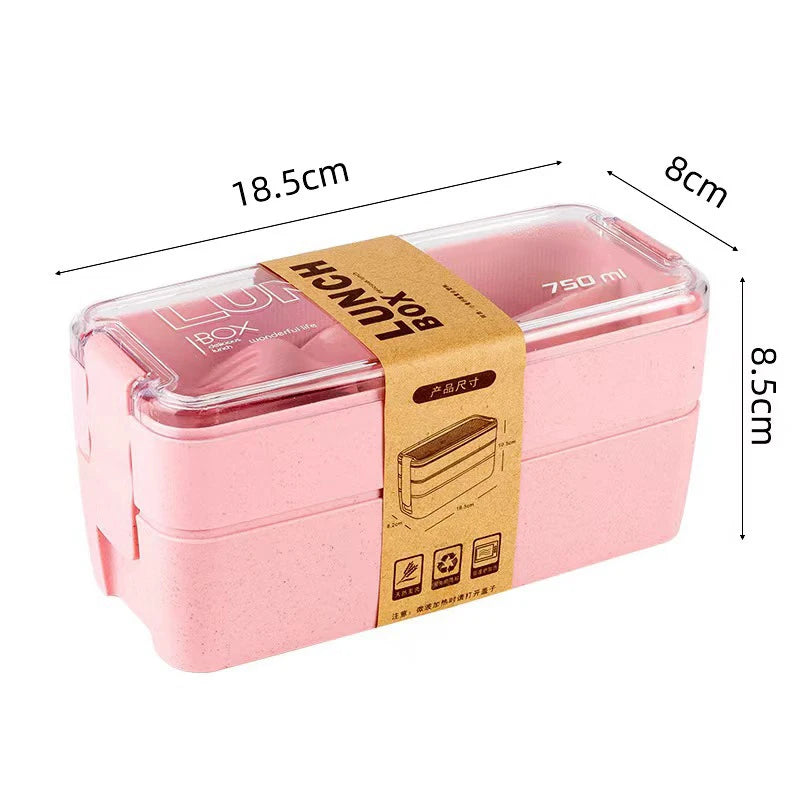 Double-layer Wheat Straw Lunch Box Fork Spoon Microwave Safe Portable Qme 750ML Pink