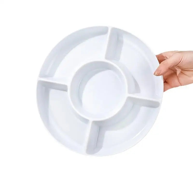 Portable Plastic Food Storage Tray Reusable Round Shape Divided Dinner Plate 5-Compartment Snack Container Plate Household Use Qme white