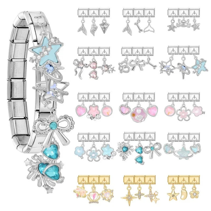 Wholesale 3Pcs Shiny Zircon Stars Bow Knot Italian Charm Links Fit 9mm Stainless Steel Bracelet Women Jewelry DIY Making Gifts Qme