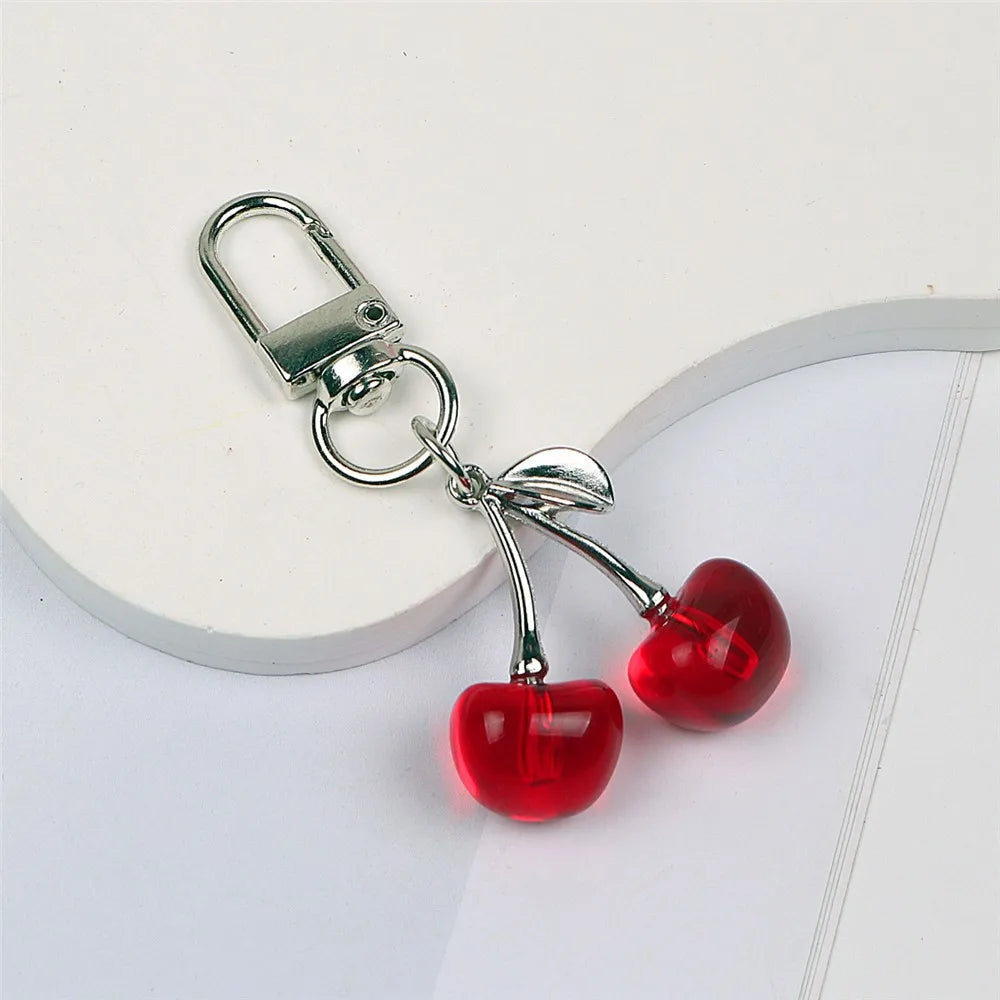 Crystal Cherry Keychain Pearl Bow Silver Heart Pendant Key Ring Qme Red