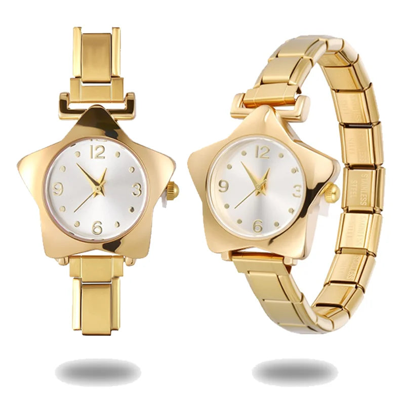 1 Piece Gold Retro Simple Men Women's Watch Stainless Steel Strap Watch Star Dial Casual Fashion Watch Suitable for Daily Wear Qme