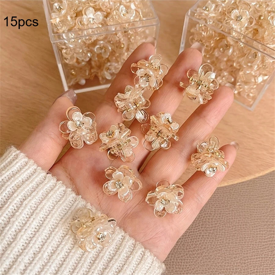 Cute Mini Flower Hair Clips, Transparent Crystal Hair Claw for Bangs & Side Hair Qme 15pcs