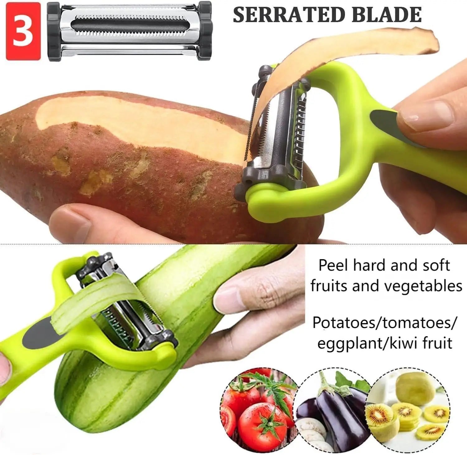 4-in-1 Vegetable Peeler for Peeling, Slicing, and Chopping Vegetables, with Rotating Stainless Steel Blades Qme