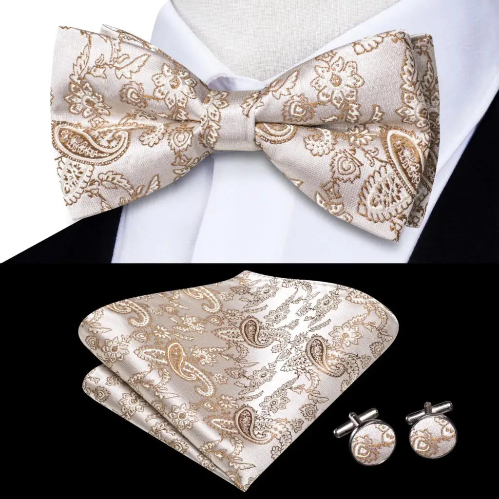 Beige Champagne Gold Mens Bow Tie Hanky Cufflinks Jacquard Floral Pre