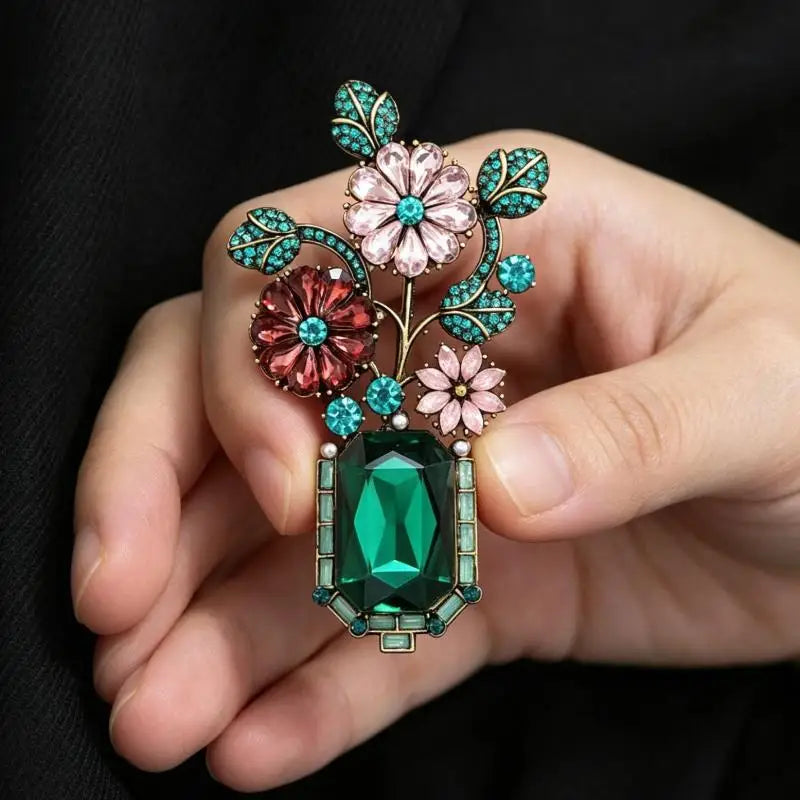 Vintage Emerald Crystal Flower Vase Brooch Shiny Rhinestone Decor Anti-Fade Lapel Pin Gift for Women Friend Qme