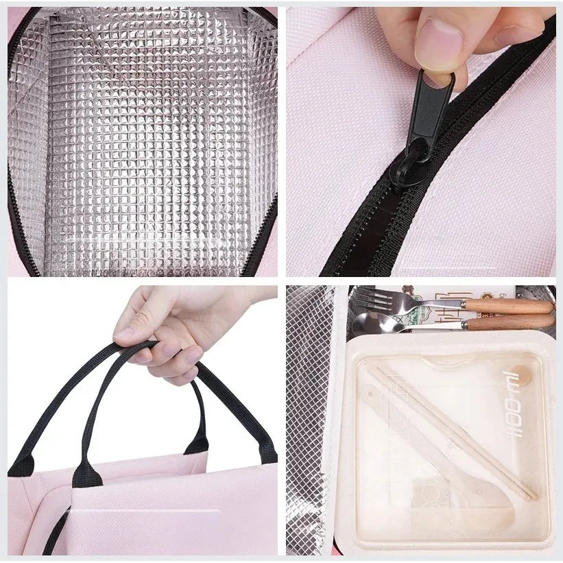 Hello Kitty Block Print Double Layer Insulated Lunch Bag Portable Qme