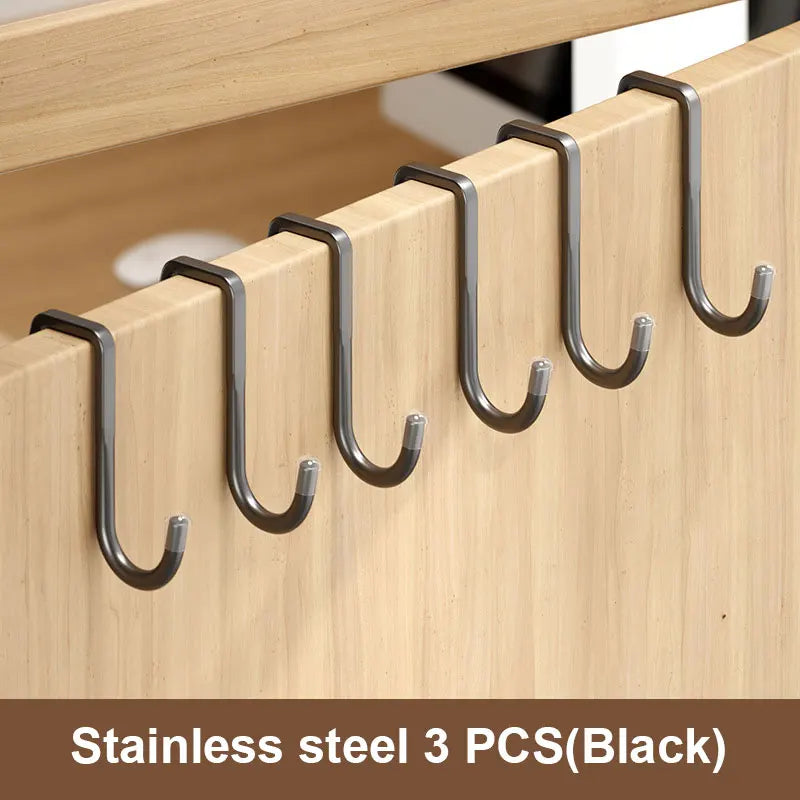 201 Stainless Steel Hook Punching Double S-shape Kitchen Bathroom Qme 201-Black 3pcs