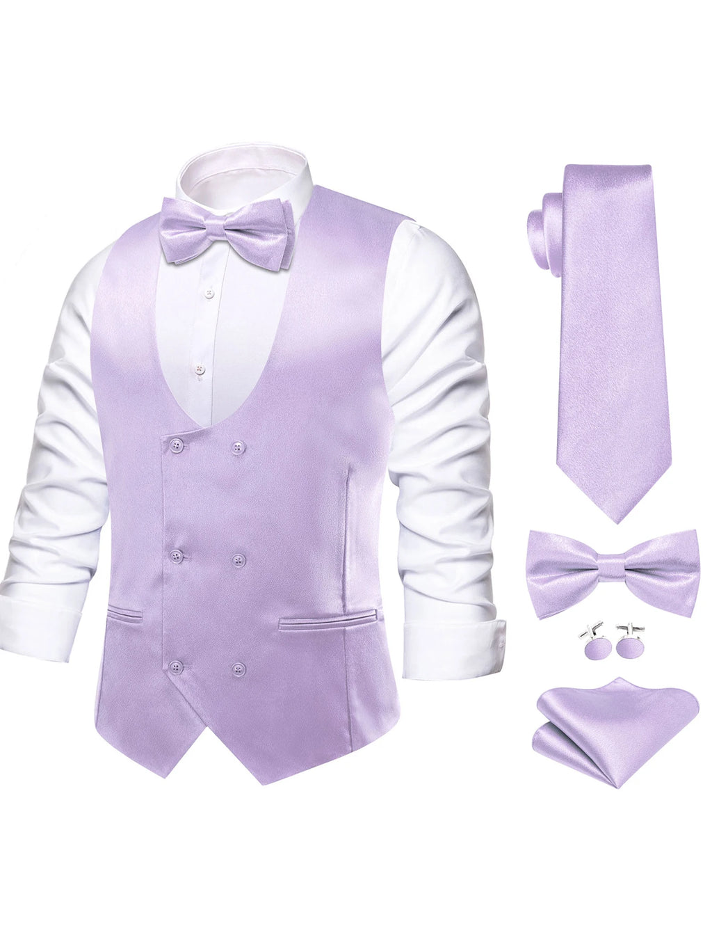 Men's Satin U Collar Vest Tie Hanky Cufflinks Bowtie Formal Waistcoat Qme MJTZ3250 XXXL