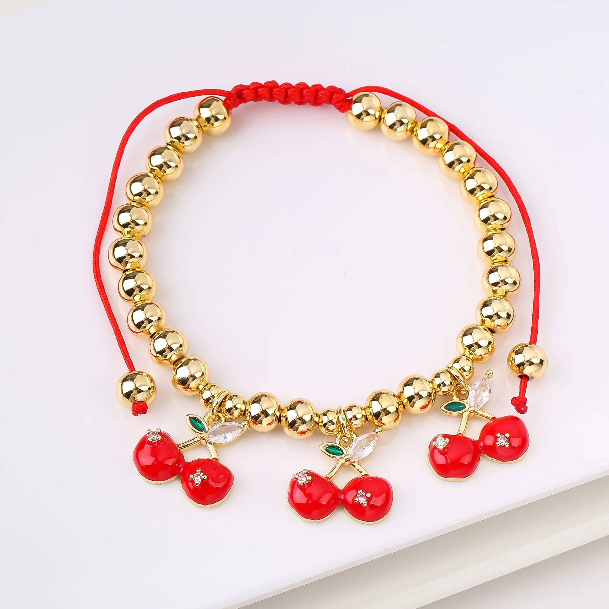 Gold-Plated Copper Bead Chain Braid Crystal Red Cherry Bracelet for Woman Female Daily Party Wrist Jewelry Friendship Gift Qme 27