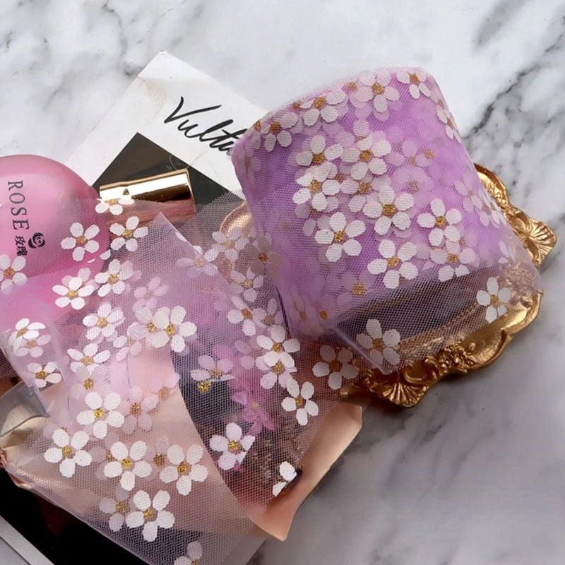 6cm 5Yards Floret Tulle Daisy Ribbon Roll DIY Craft Ribbons for Gift Bow Packaging Cherry Blossoms Printed Mesh Fabric Supplies Qme Purple ribbons 5 yards (4.5m)