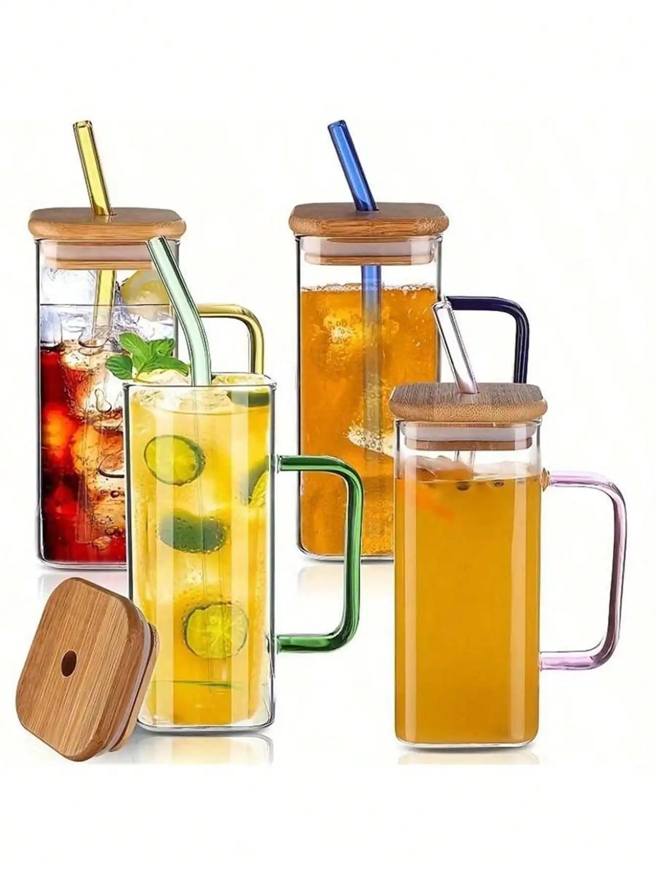 Bamboo Covered Straw Square Glass Cup Transparent Water Handle Iced Qme