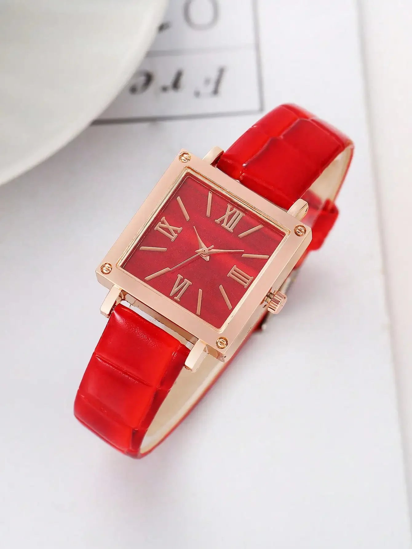 4Pcs Women Red Cherry Jewelry Watch Set, Square Roman Dial Red Leather Quartz Watch + Red Crystal Necklace Earrings Bracelet Kit Qme