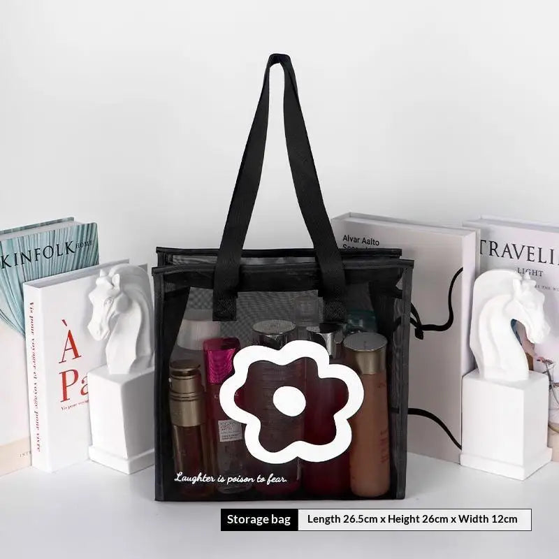 Fashion Clear Beach Tote Bag with Zipper Flower Cartoon Wash Bag Nylon Mesh Transparent Bag Woman Qme A1