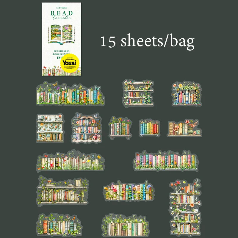 15 Sheets/Bag Book Scene Stickers for Creative Scrapbook, Clipbook, Office Stationery, Planner, Phone Cases, Decorative Gift Qme 1