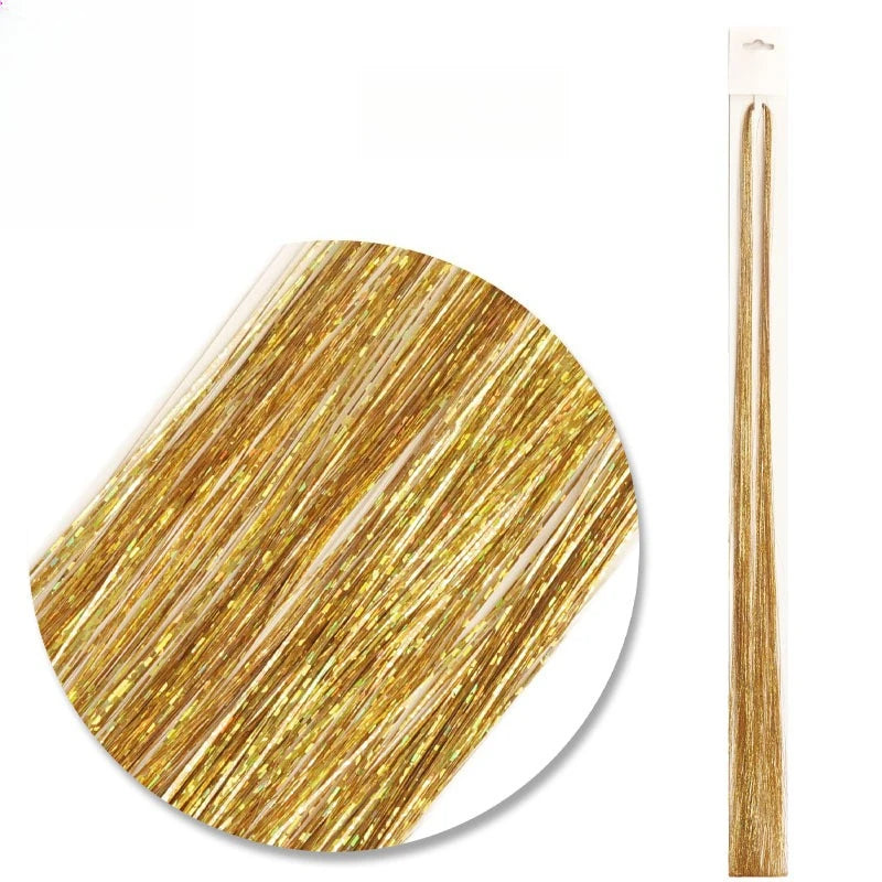 Fairy Hair Tinsel Strands Glitter Sparkle Hair Streaks Shiny Synthetic Hair Extensions For Party Cosplay Daily Hair Decor Qme Golden 7pcs