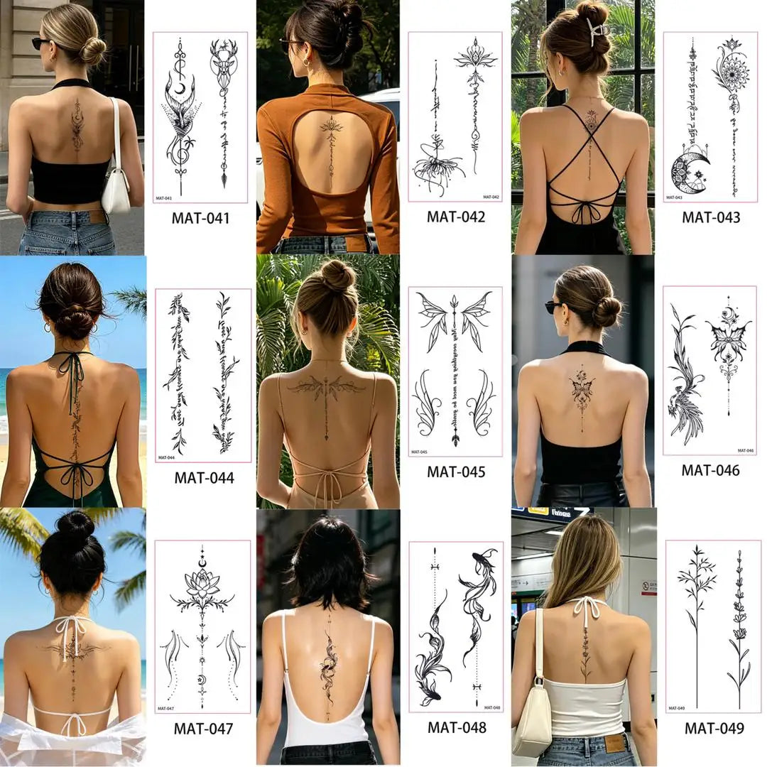 A 6/9pcs Temporary Tattoos for Women - Black Heart, Butterfly, Floral & Celestial Designs | Waterproof Fake Tattoo Stickers Qme 9pcs MAT-041MAT049