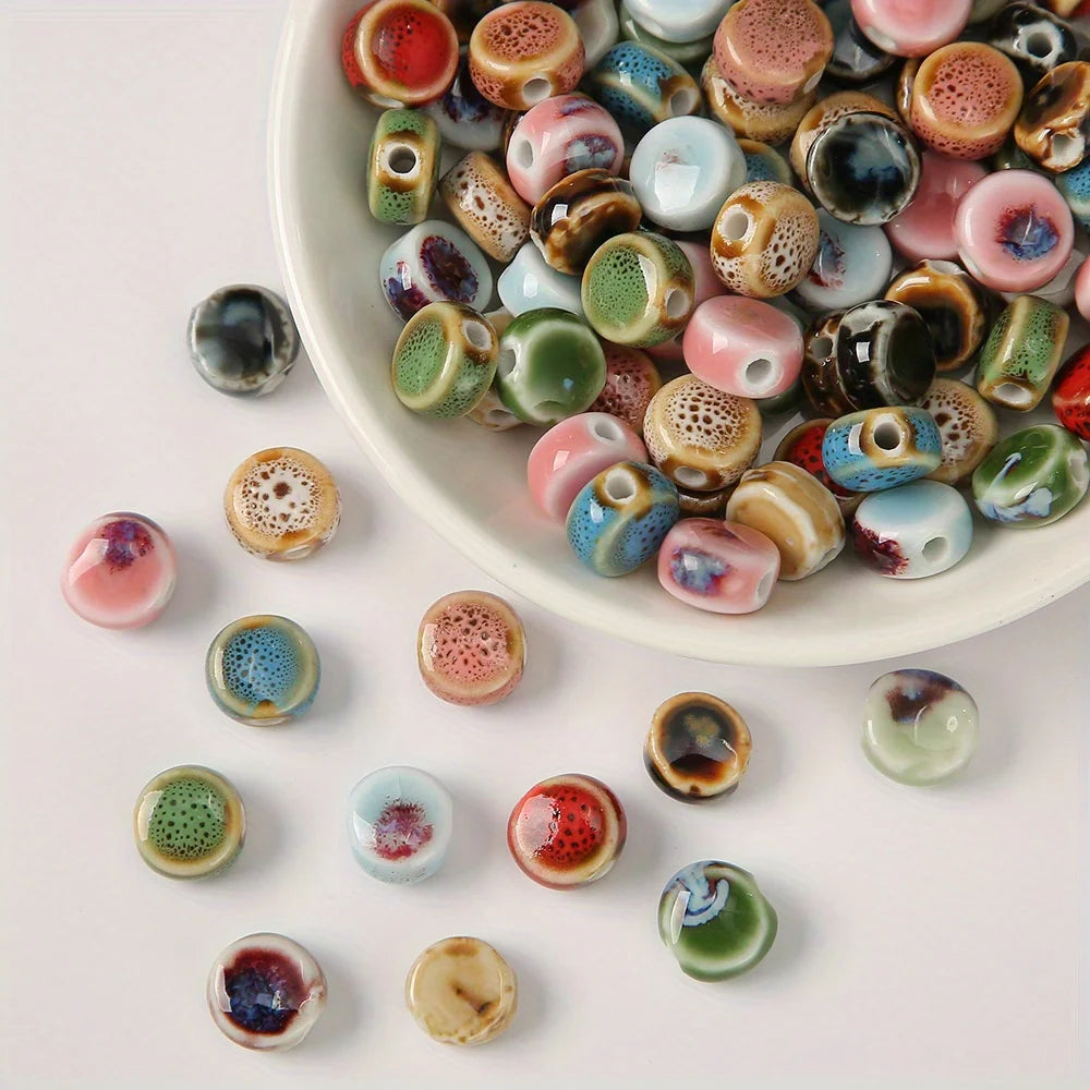11pcs Ceramic Flat Beads Vintage Chinese-Inspired Floral Glaze Beads for Jewelry Making, Bracelet & Necklace Crafting Supplies Qme
