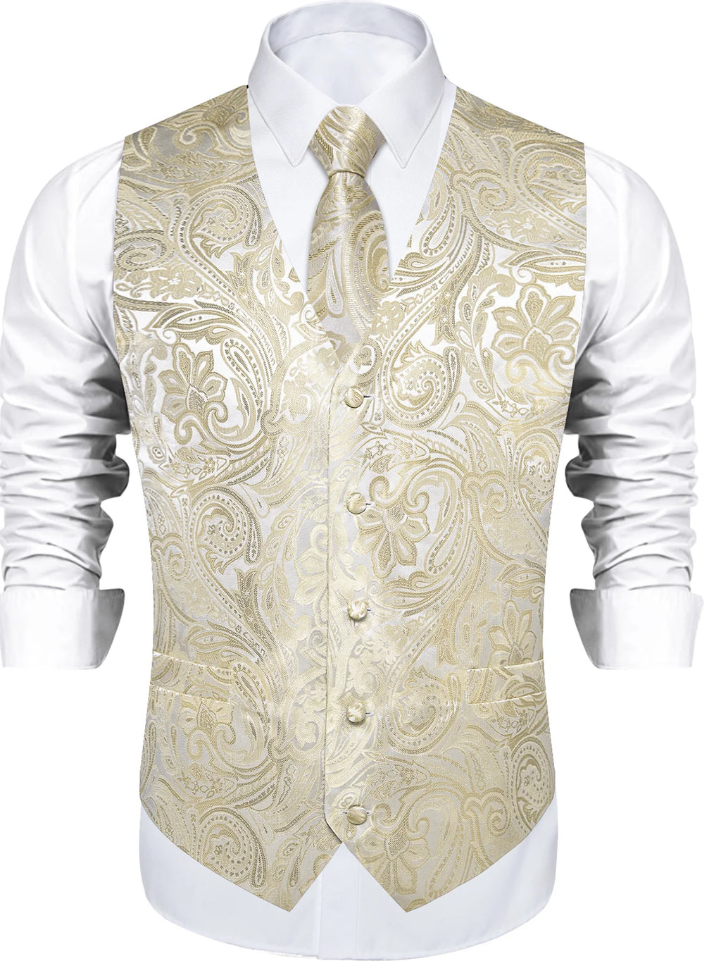 Men's Champagne Golden Paisley Suit Vest & Tie Set – Formal Waistcoat with Pocket Square, Perfect for Weddings Business Events Qme