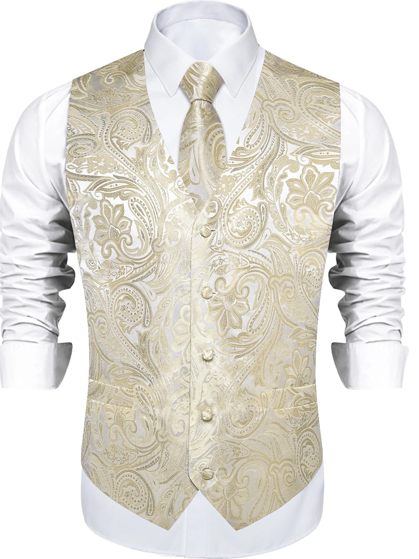 Men's Champagne Golden Paisley Suit Vest & Tie Set – Formal Waistcoat with Pocket Square, Perfect for Weddings Business Events Qme