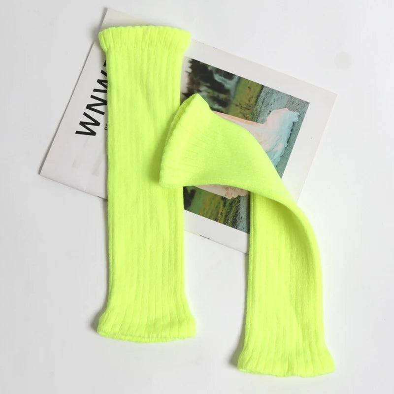 Women Winter Bright Green Color JK Style Spice Girls College Foot Cover Warm Pile Long Socks Boot Cuff Cover Knitted Leg Warmers Qme green One Size