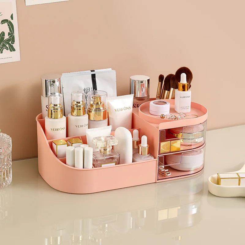 Makeup Storage Box With Mirror Desktop Dressing Table Makeup Mirror Cosmetics Jewelry Storage Box Touch Light Storage Organizer Qme LNordicPink