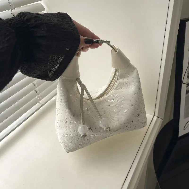 Sweet Sparkling Stars Shoulder Bag Nylon Texture Pearl Pendant Crossbody Bag Small Bucket Handbag Women Girl Qme A1