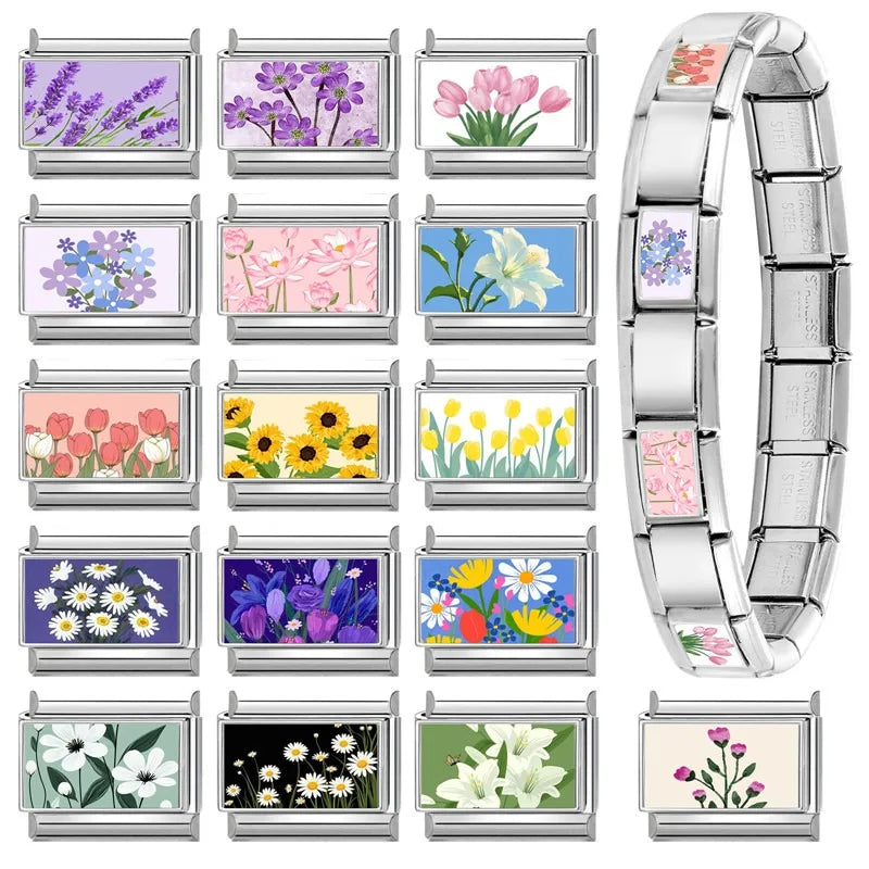 Fashion Iris Hyacinth Sunflower Daisy Flowers Series Italian Charm Link Fit 9mm Bracelet Stainless Steel Women Men DIY Making Qme