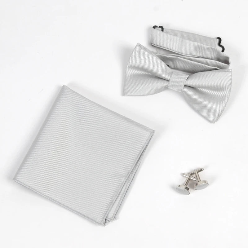 Men's Solid Bow Tie Sets Including Exquisite Cufflinks Soft Qme Silver