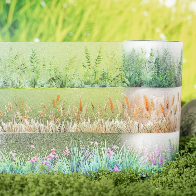 2m/Roll Cute Green Grass Flowers PET Tape Paper Decorative Journaling Adhesive Masking Tape Scrapbooking Craft Diary Stationery Qme