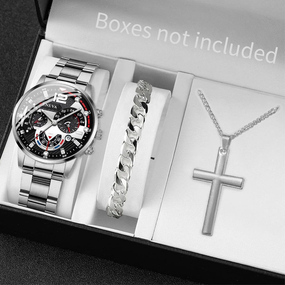 3/4 piece fashionable men's steel strip business quartz watch silver jewelry set (excluding gift box) Qme 3PCS Set Without Box No