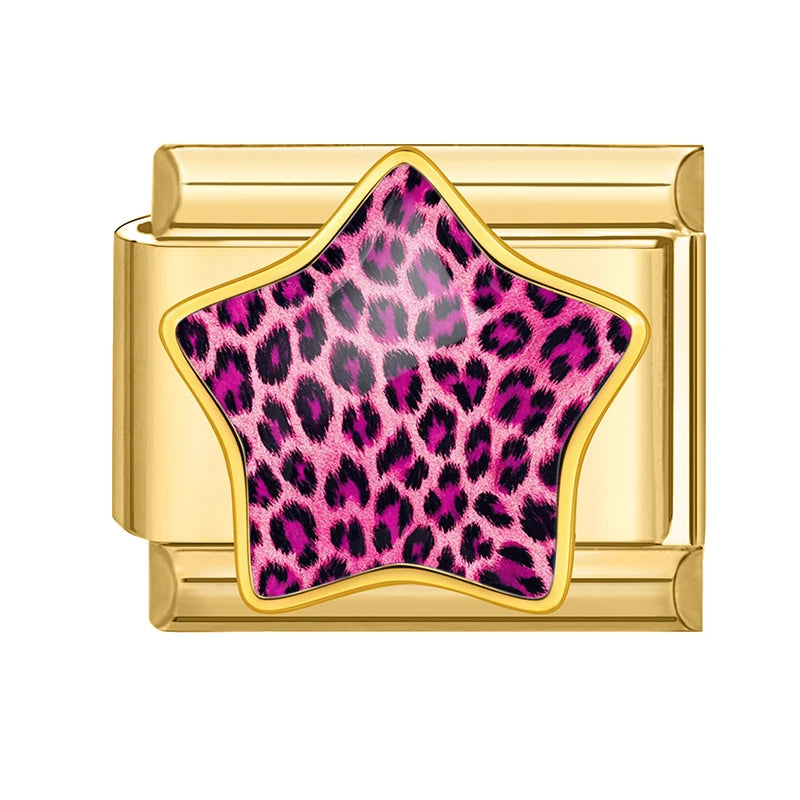 3D Inlay Stars Cute Zebra Stripe Stars Pink Blue Leopard Print Italian Charm Links Fit 9mm Stainless Steel Bracelet DIY Making Qme Style 7