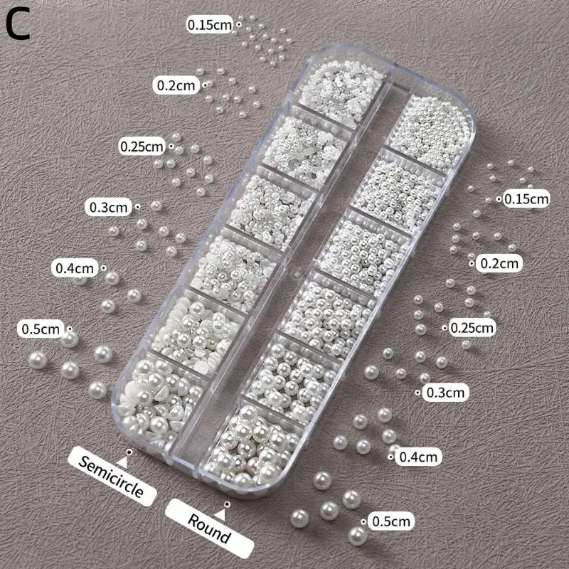 12 Grids Half Round Pearls Bead 3D Nail Charms 1 5 2 3 4 White Qme C