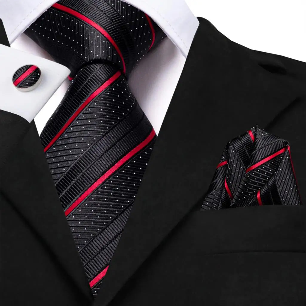 Black Red Striped Wedding Tie Men Handky Cufflink Necktie Fashion Qme