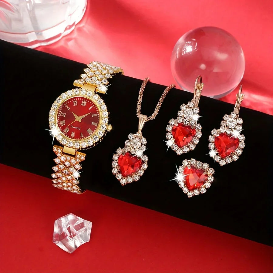 5pcs/set Luxury Ladies' High-End Diamond-Encrusted Steel Chain Watch with Fashionable Small Dial Qme