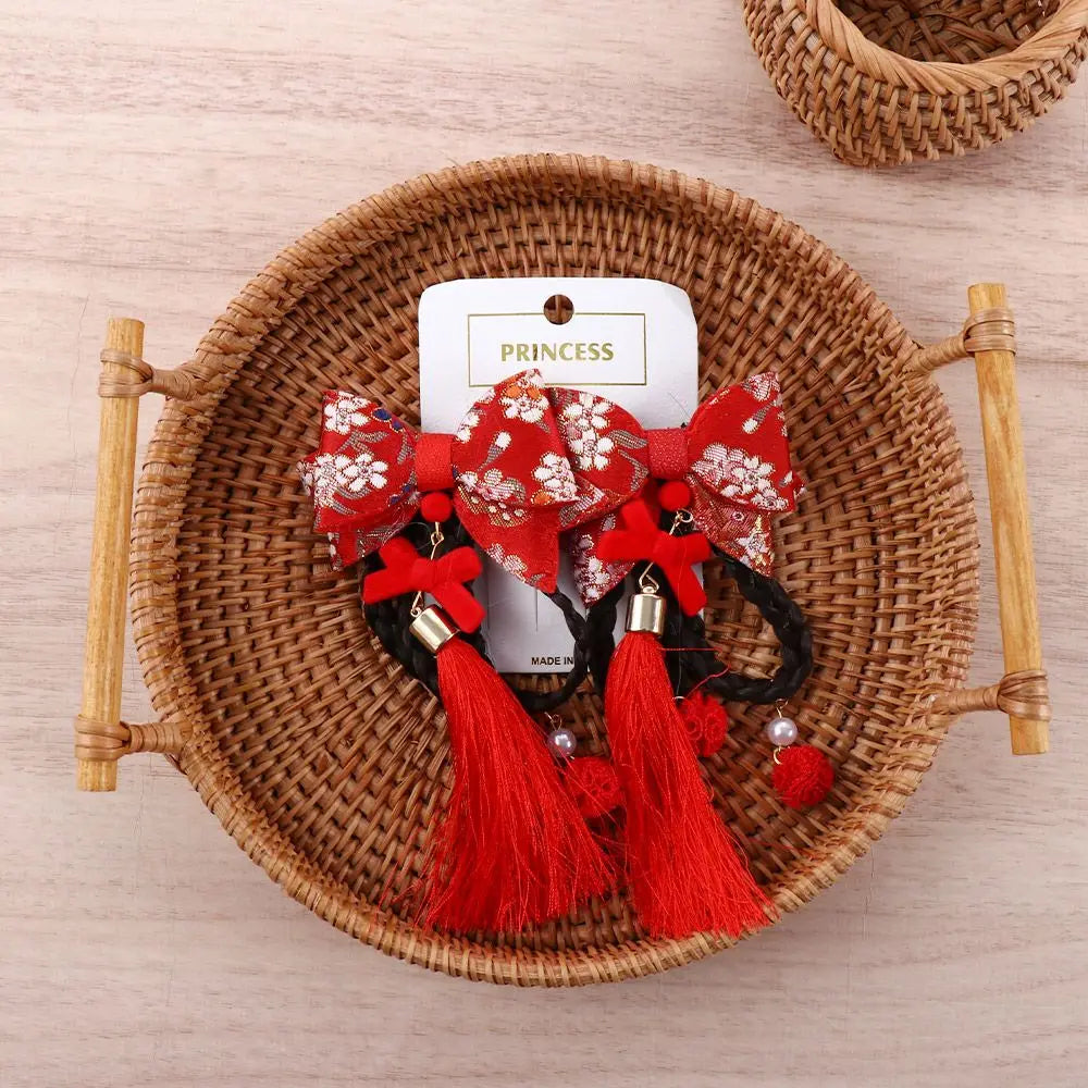 Elegant Sweet Cloth Hanfu Headdress Tang Suit Tassel Chinese Style Wig Braid Hairpin Side Clip Bow Hairpin Hair Accessories Qme