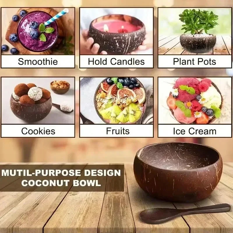 Natural Coconut Bowls And Wooden Spoon Sets Reusable Coconut Shell Bowls For Dessert Yogurt Fruit Salad Kitchen Tableware Qme