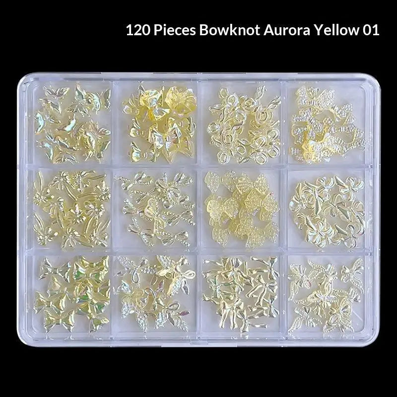 120 Iridescent Aurora Bow Nail Charms Clear Storage Box Perfect DIY Qme Yellow