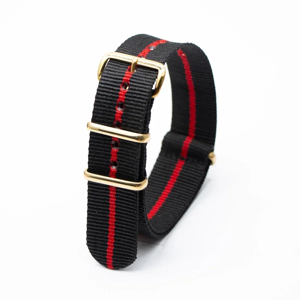High Quality Luxury Striped Nylon Smart Watch Strap 18MM 20MM 22MM Gold Square Buckle Wear-resistant Woven Strap Qme