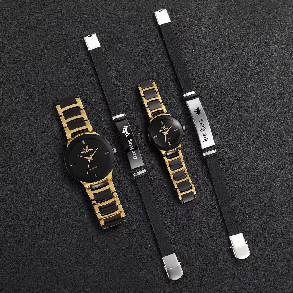 4PCS Tri color quartz watch fashion casual set rhinestone steel strip watch couple watch set Qme