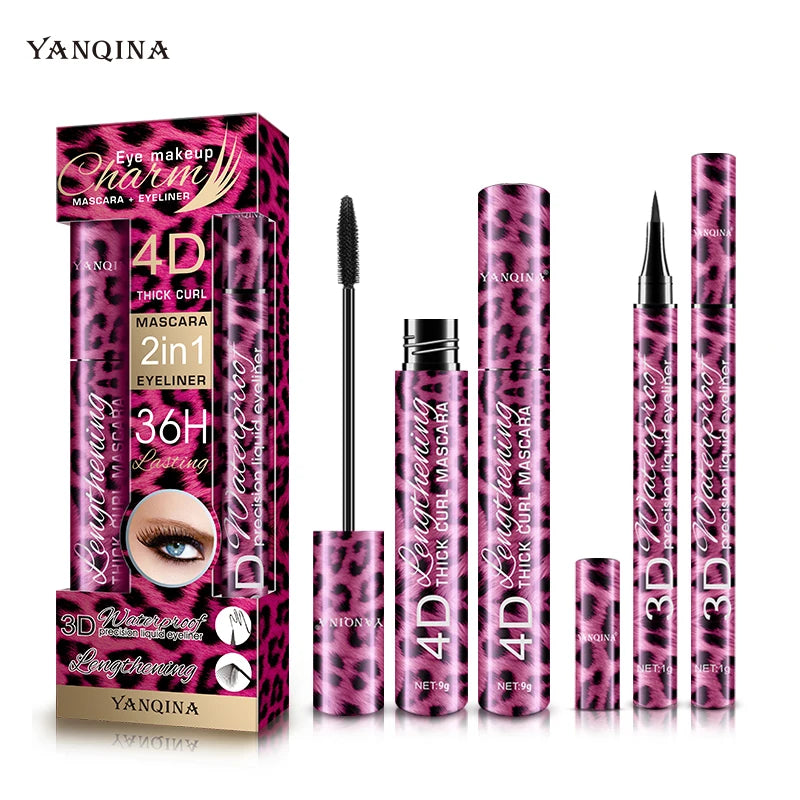 2Pcs 4D Mascara + Liquid Eyeliner Set, Waterproof Sweat-Proof Smudge-Proof, Lengthening Thickening Curling Long Lasting Eye Make Qme