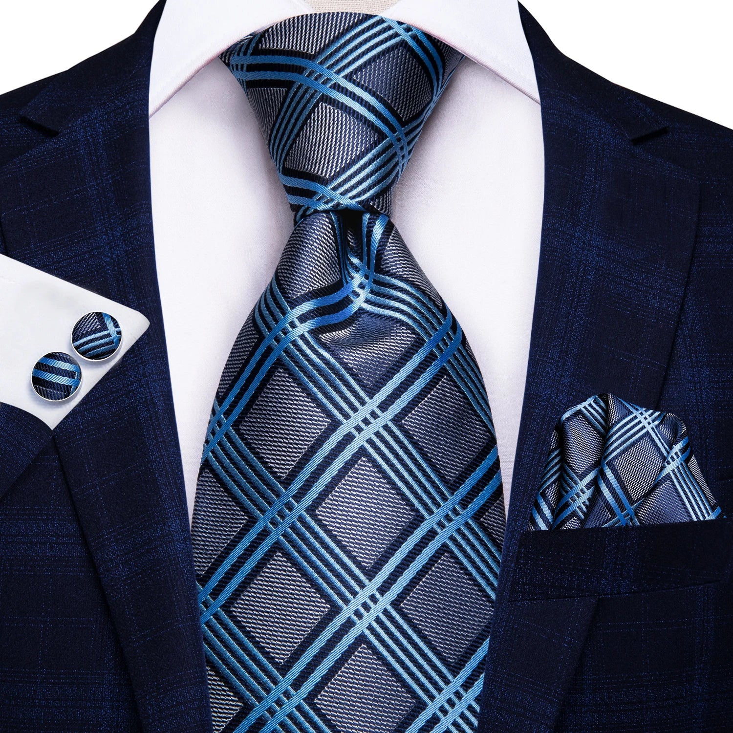 Designer Wedding Tie Men Blue White Plaid Handky Cufflink Red Gray Qme 0400