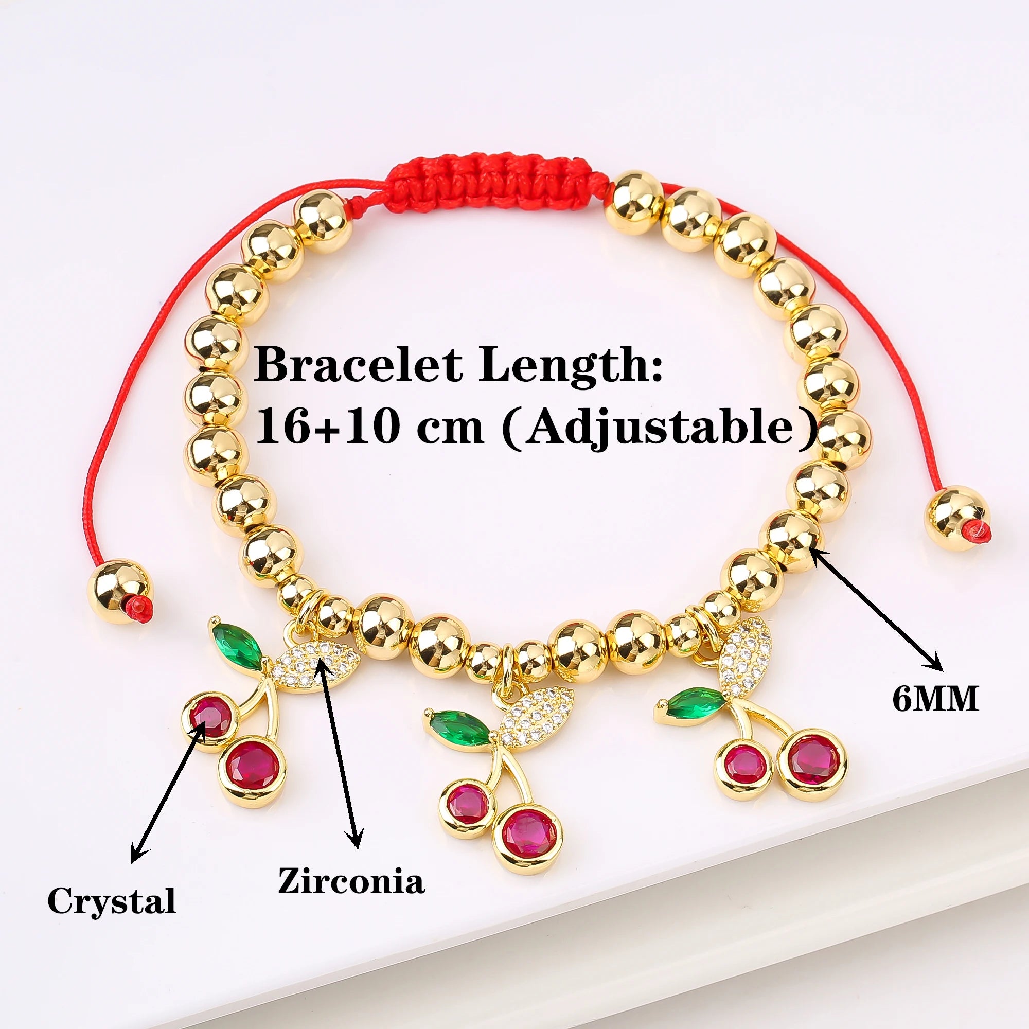 Gold-Plated Copper Bead Chain Braid Crystal Red Cherry Bracelet for Woman Female Daily Party Wrist Jewelry Friendship Gift Qme
