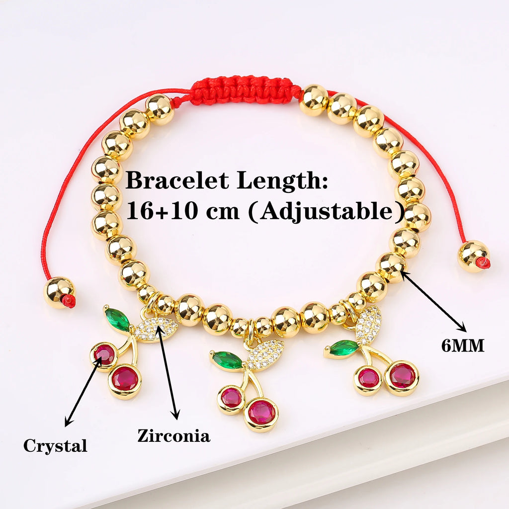 2PCS Trendy Red Cherry Strawberry Bracelet Earring Fruit Set for Women Casual Vacation Zirconia Jewelry Girls Lucky Gift Qme